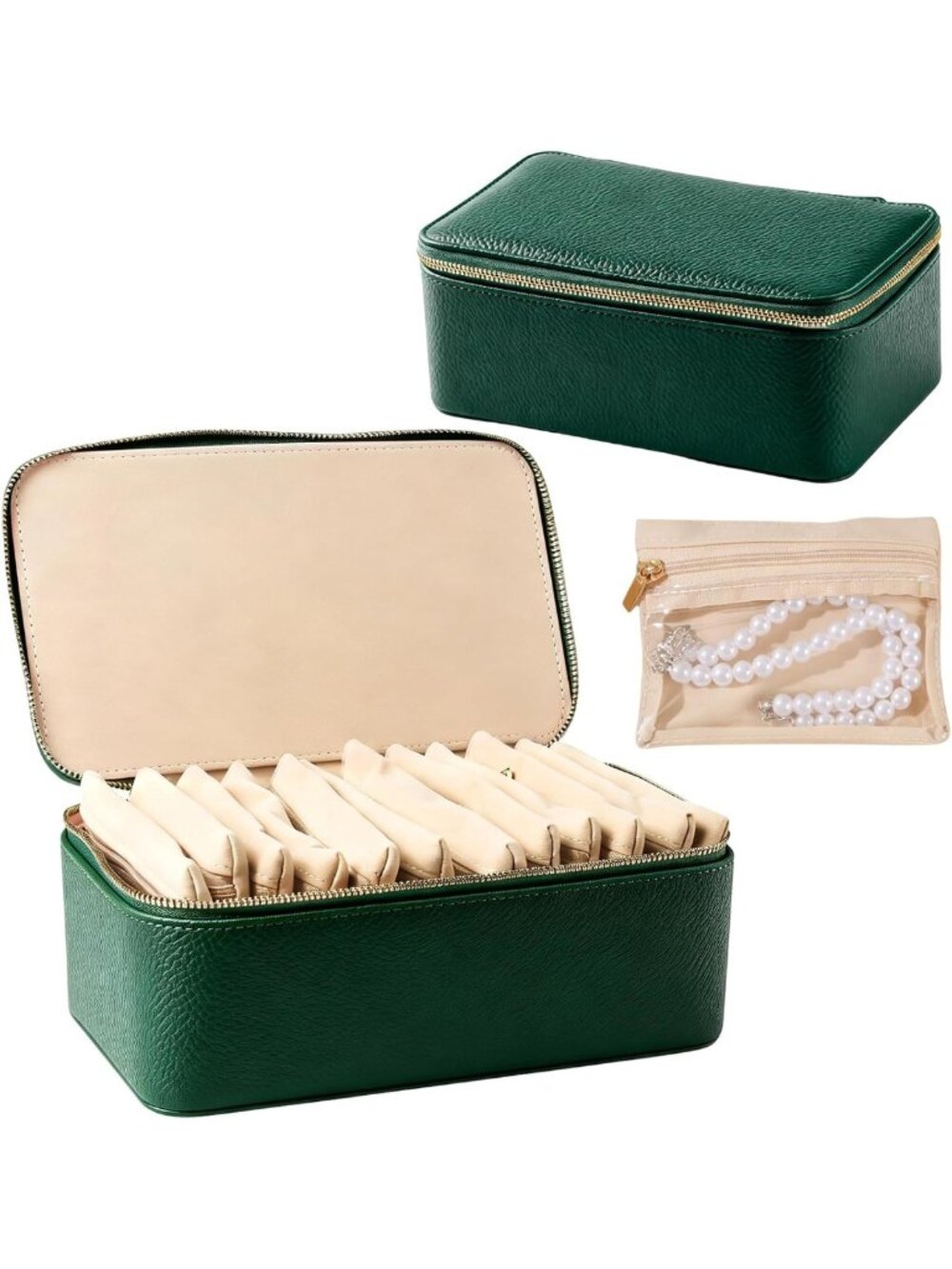 Stylish Travel Jewelry Organizer with 12 Velvet Zipped Pouches, Dark Green